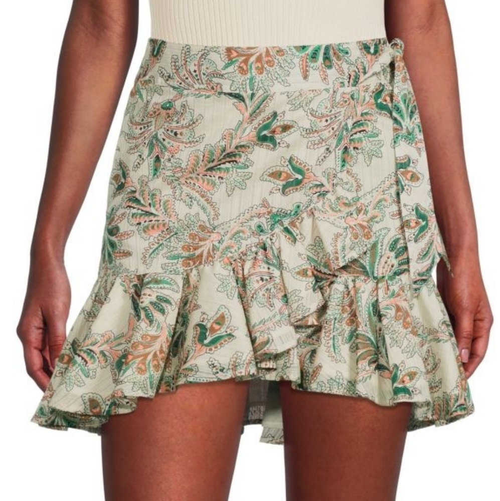 VERONICA BEARD Memphis Paisley Print Wrap Ruffle Mini Skirt In Stone Multi 10.